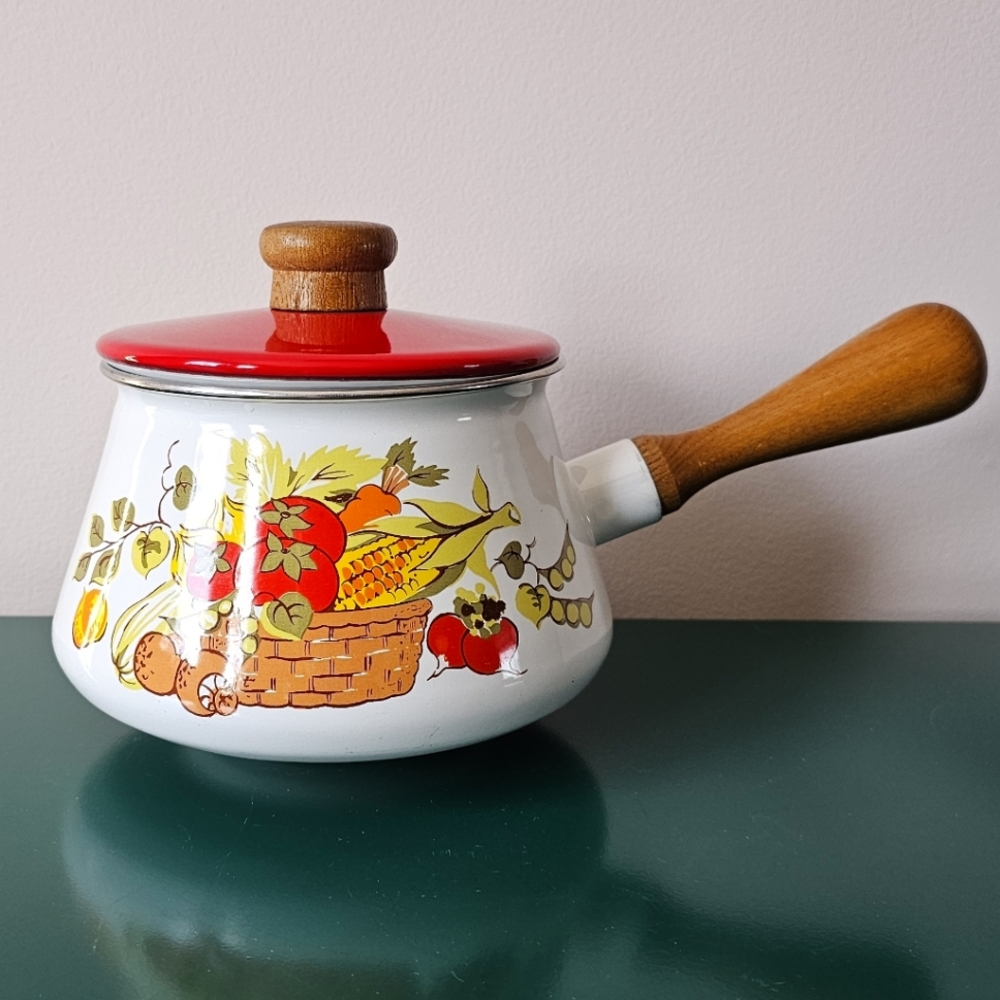 Vintage Enamel Saucepan with Wooden Handle - Vegetable Pattern